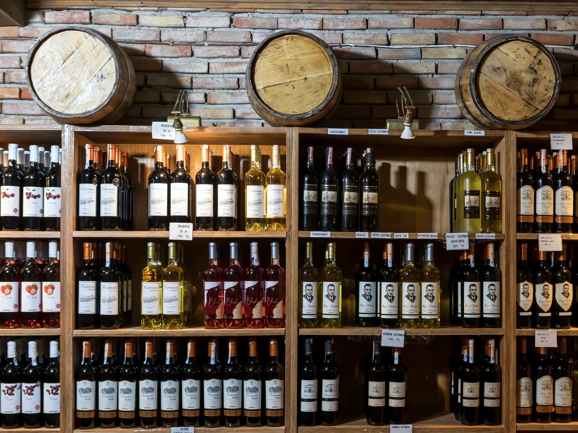 A rustic wine cellar with Corbieres and Minervois bottles from the region around Carcassonne