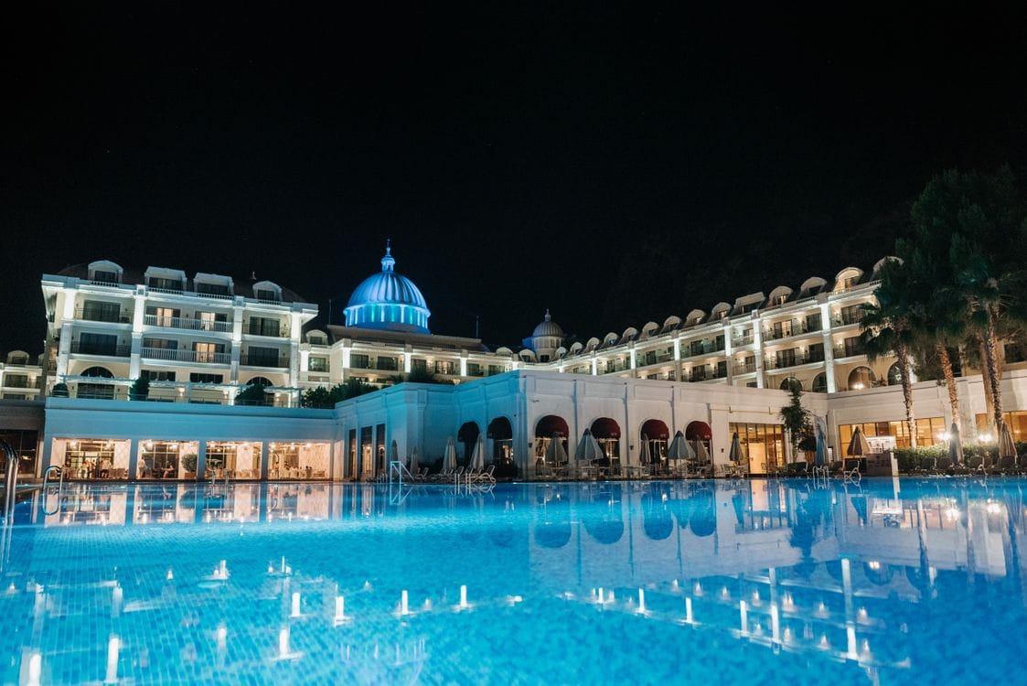 A luxury hotel pool lit up at night, the kind of property lastminute.com's Top Secret Hotel deals can include