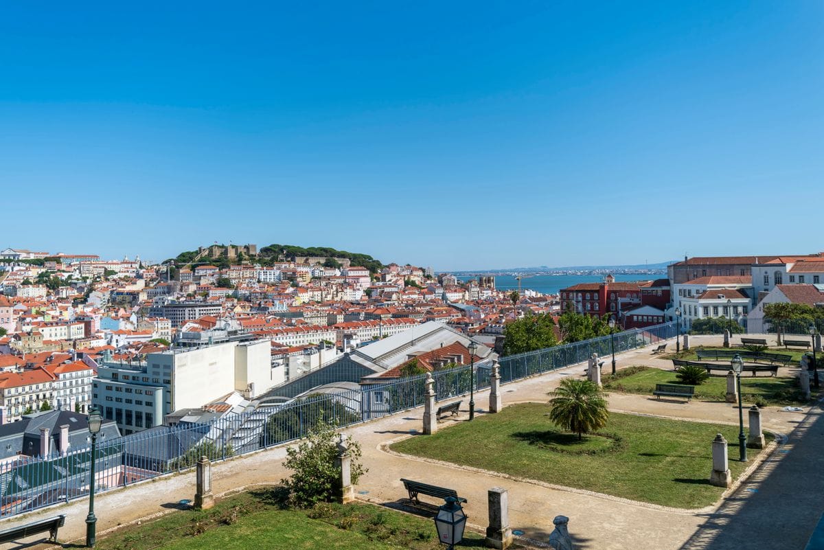Elevated view of Lisbon's skyline and Sao Jorge Castle from one of the city's free hilltop miradouros