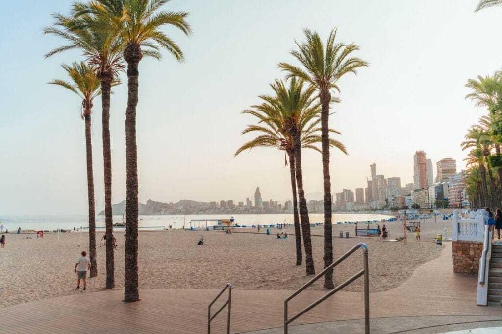 loveholidays Benidorm beachfront and skyline at sunset, Costa Blanca, Spain