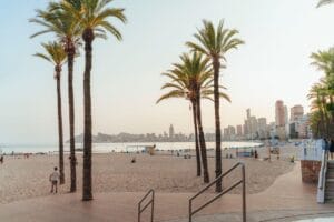 loveholidays Benidorm beachfront and skyline at sunset, Costa Blanca, Spain