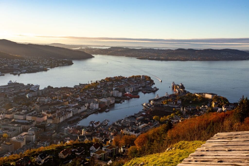 When does Norwegian release flights: aerial view of Bergen harbour, one of Norwegian's Nordic hubs