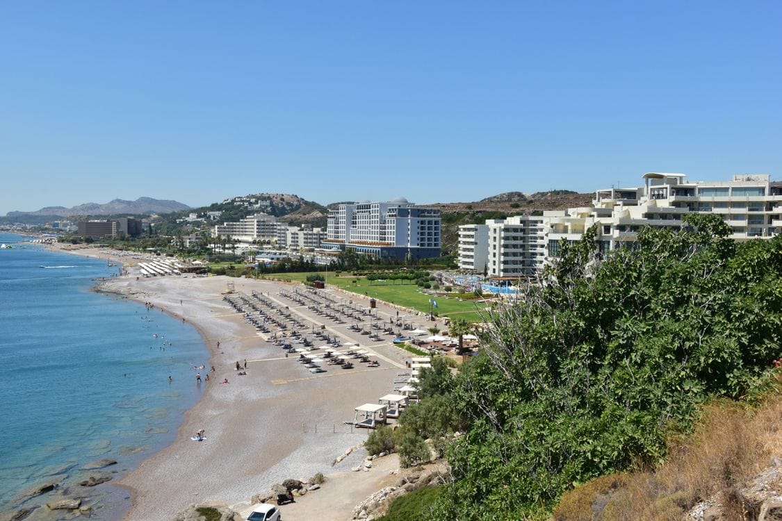 On the Beach holidays: aerial view of a beach resort in Rhodes, Greece