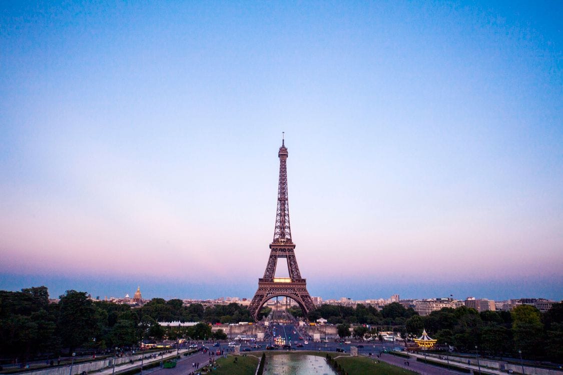 The Eiffel Tower at dusk, seen from the Trocadéro gardens, Paris on a budget