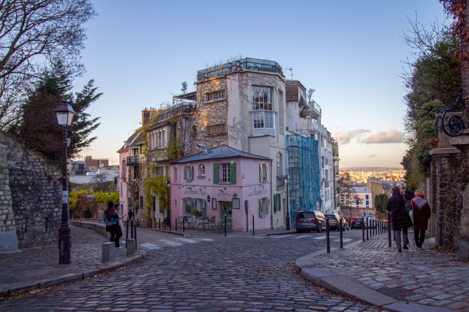 La Maison Rose and the cobbled streets of Montmartre, Paris