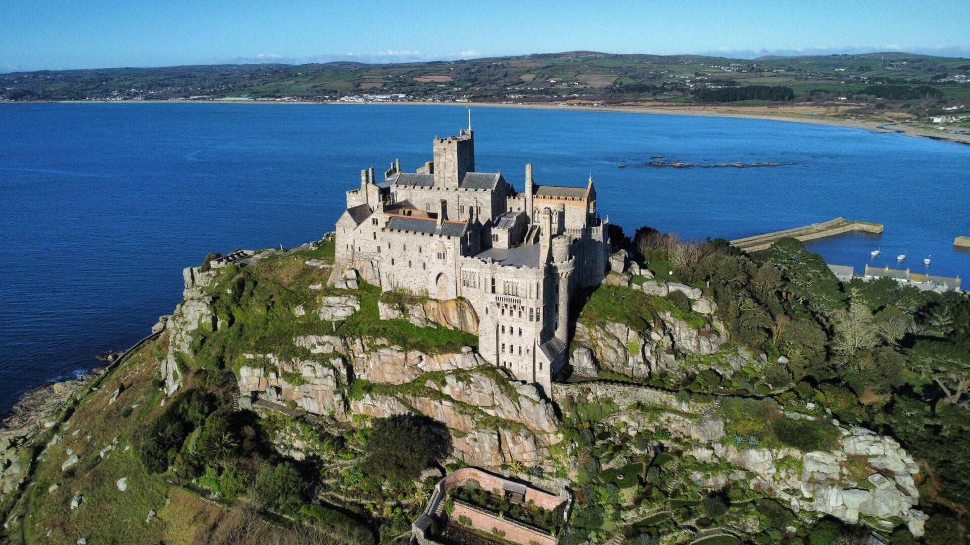 Aerial view of St Michael's Mount castle and causeway, Cornwall