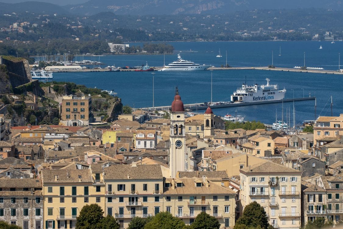 Aerial view of Corfu Town and harbour, Greece