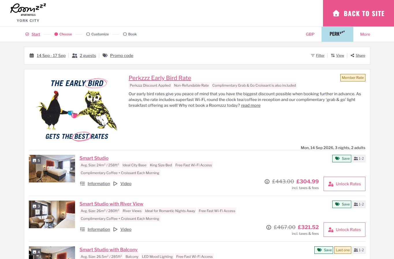 Roomzzz York booking page showing a Smart Studio from £338.89 for 14 to 17 September