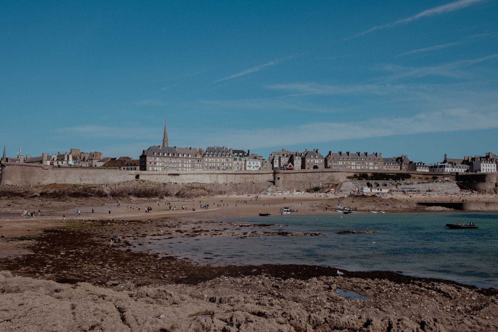 The walled city and beach of Saint-Malo in Brittany on a sunny day