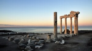 Temple of Apollo ruins by the sea in Side, Turkey