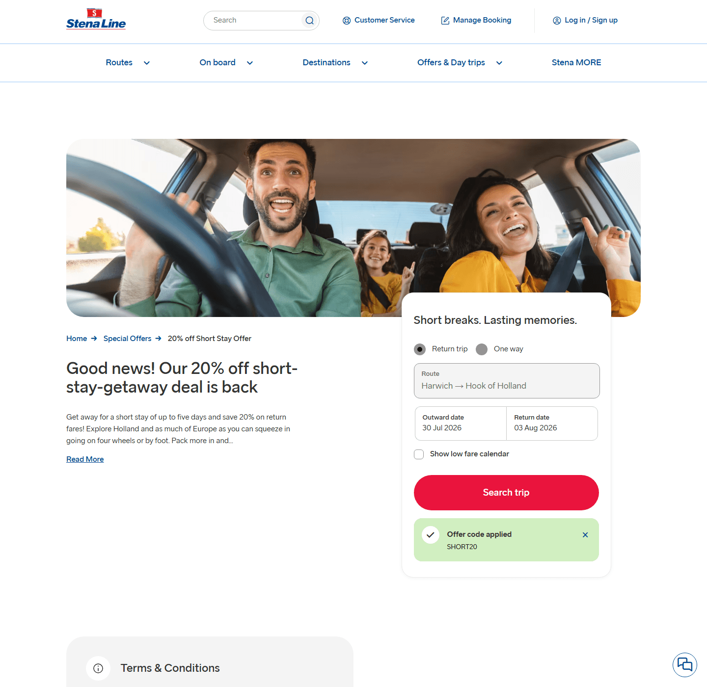 Stena Line SHORT20 offer page checked on 30 July 2026