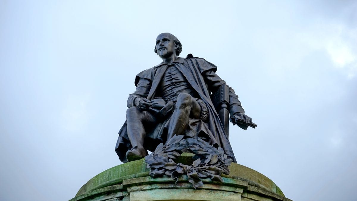 The bronze Shakespeare statue at the Gower Memorial in Bancroft Gardens, Stratford-upon-Avon