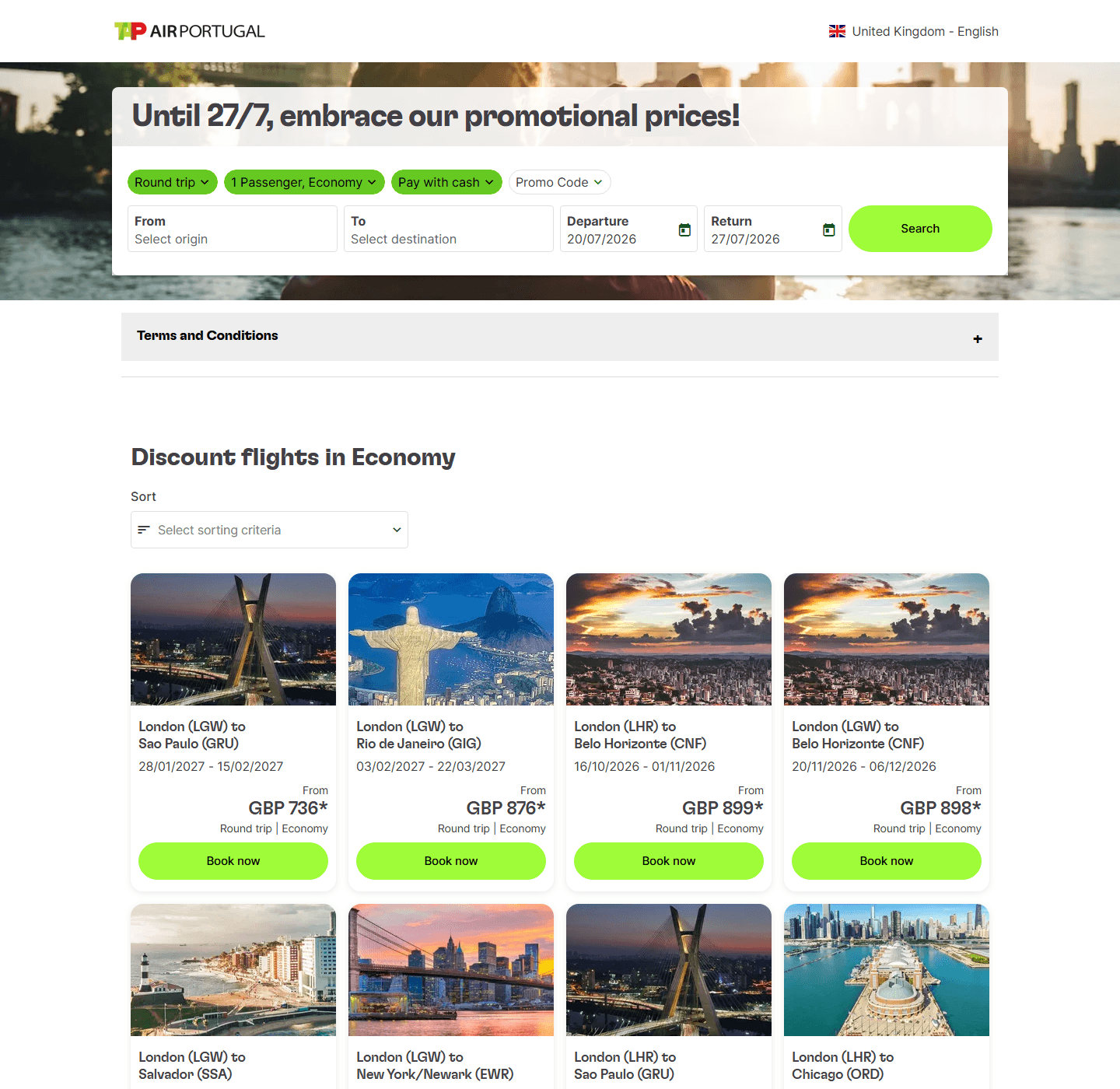 TAP Air Portugal sale page showing London to Sao Paulo from 736 pounds return