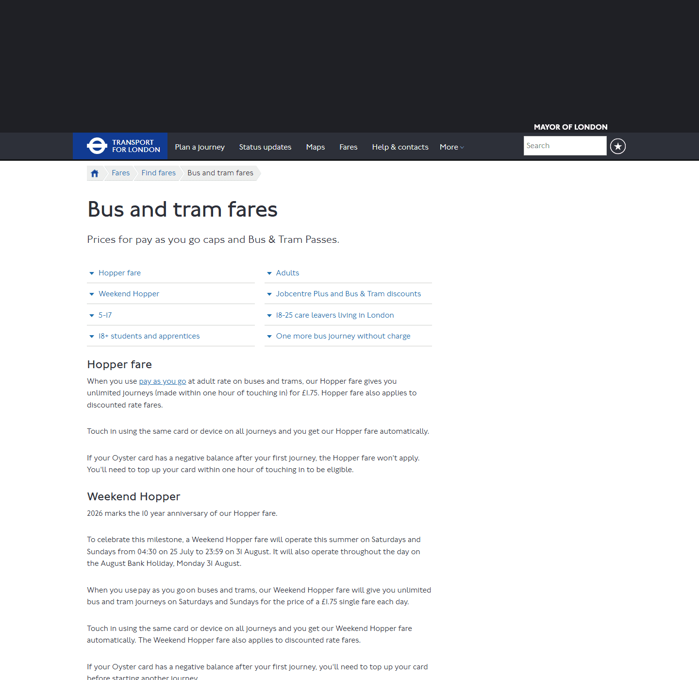 TfL bus and tram fares page showing the Weekend Hopper terms