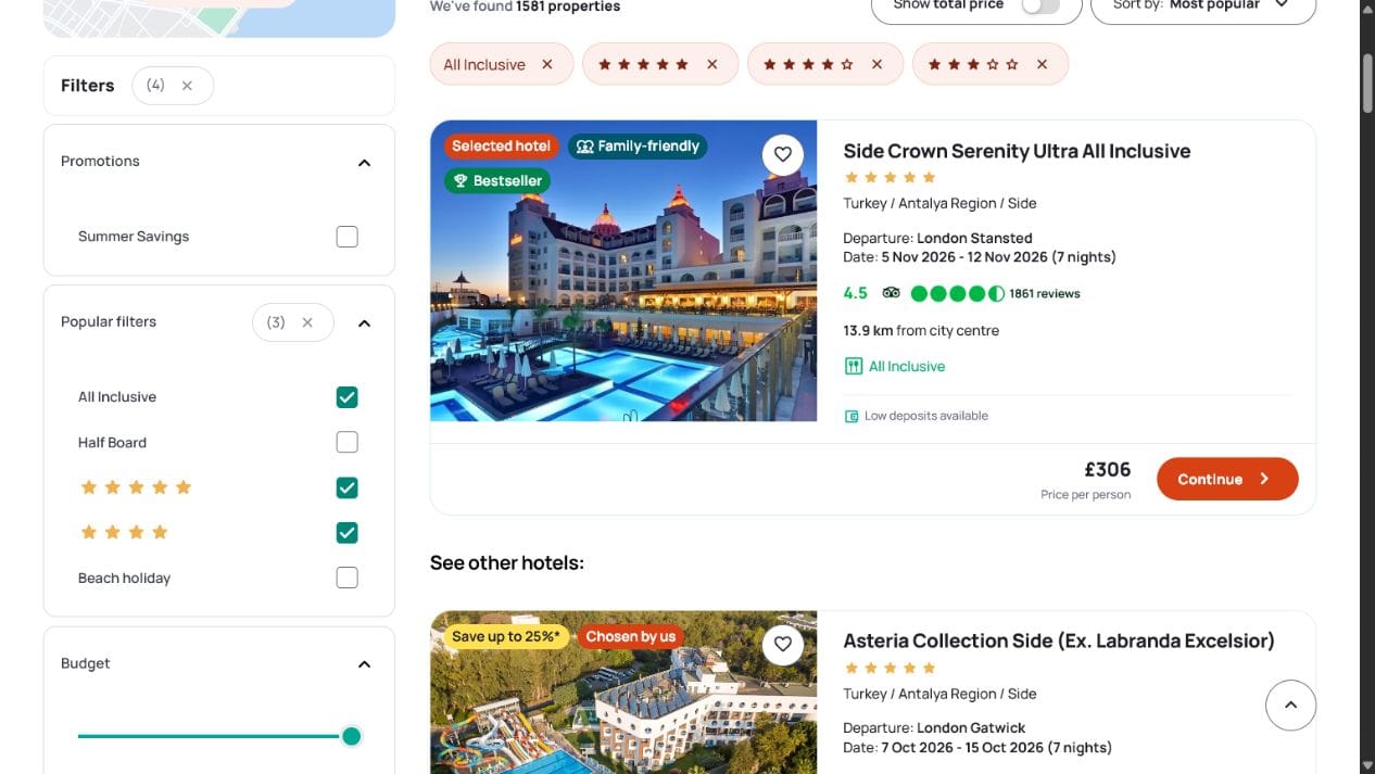 Thomas Cook result for Side Crown Serenity Ultra All Inclusive from 306 pounds per person