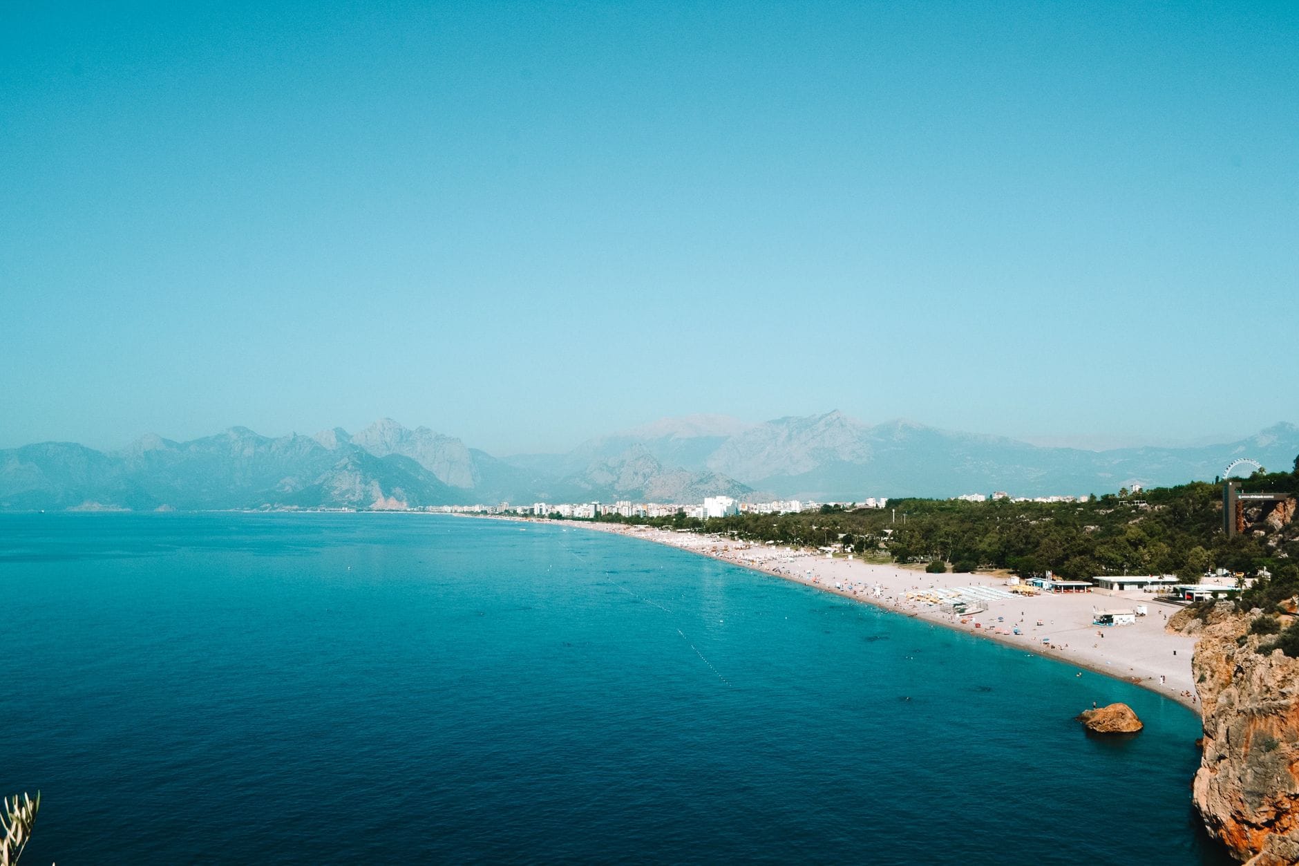 Aerial view of Konyaalti Beach and the Taurus Mountains in Antalya, Turkey