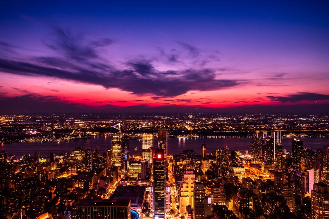 Aerial view of the New York City skyline at dusk, one of Virgin Holidays' original and most popular destinations