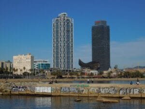 Vueling sale dates: Barceloneta beach and skyline in Barcelona, Vueling's home hub