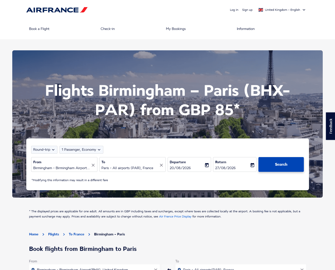 Air France page showing Birmingham to Paris flights from £85