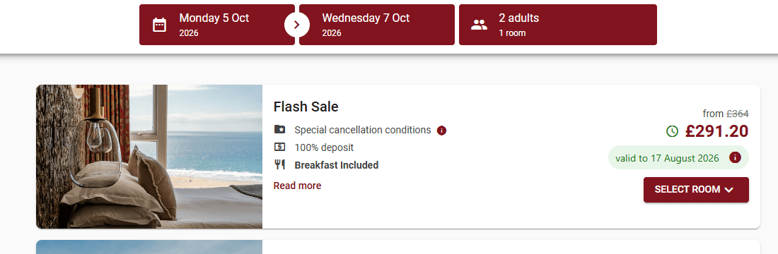 Bedruthan booking page showing the Flash Sale rate at £291.20 for 5 to 7 October