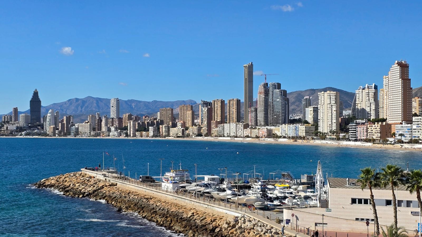 Benidorm's skyline seen across the marina, with moored boats in the foreground under a clear sky