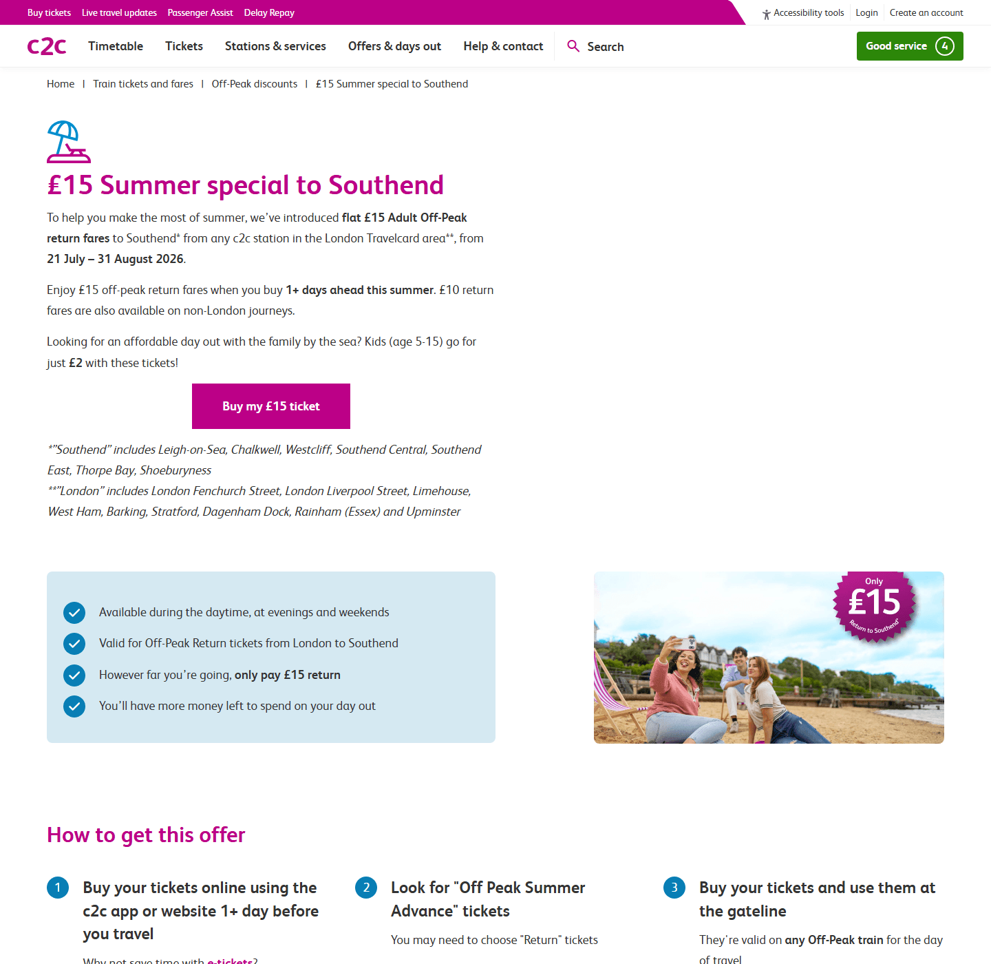 c2c £15 Summer special to Southend offer page