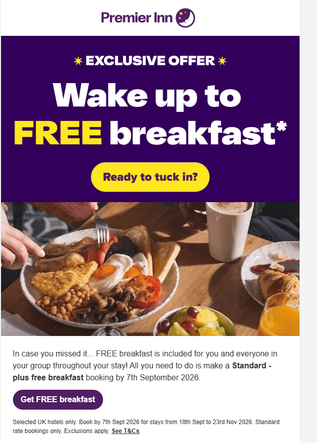Premier Inn free breakfast offer, book by 7 September 2026