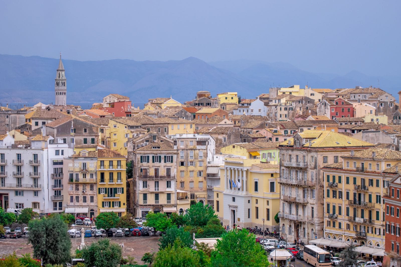 The tiled rooftops of Corfu Old Town with the red-domed campanile of Saint Spyridon rising above them