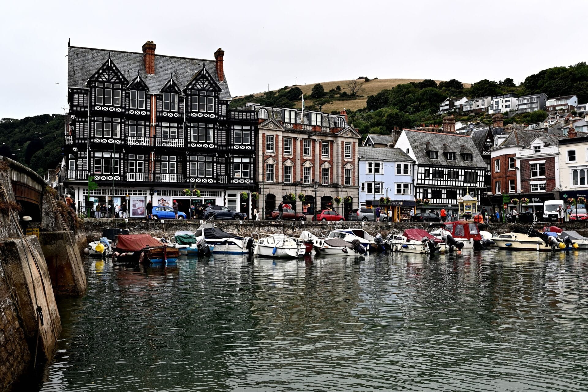 Dartmouth Harbour lined with Tudor and Georgian buildings reflecting in the water