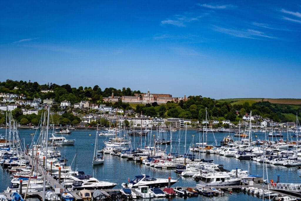 Aerial view of Dartmouth Marina and the River Dart, the setting for this Dartmouth holiday guide