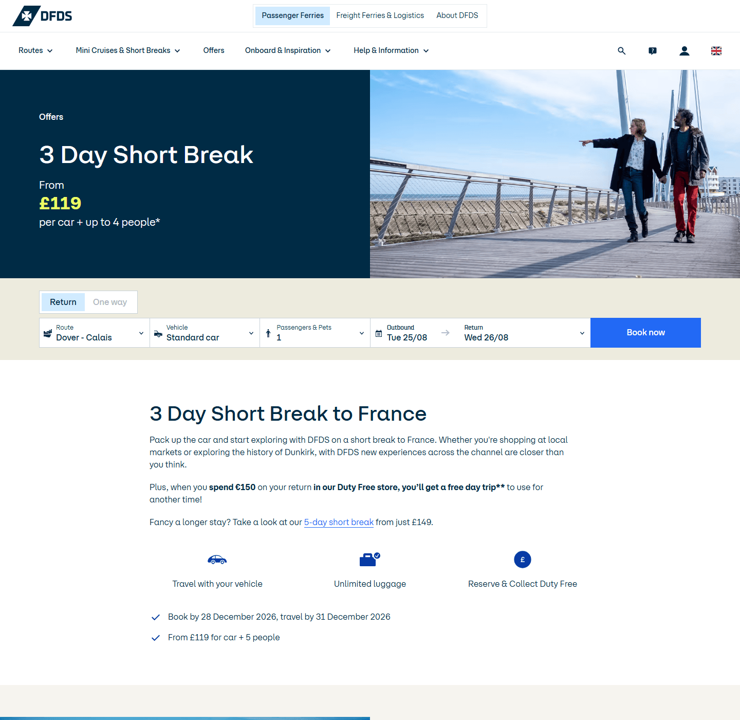 DFDS page showing the £119 three-day Dover to France return