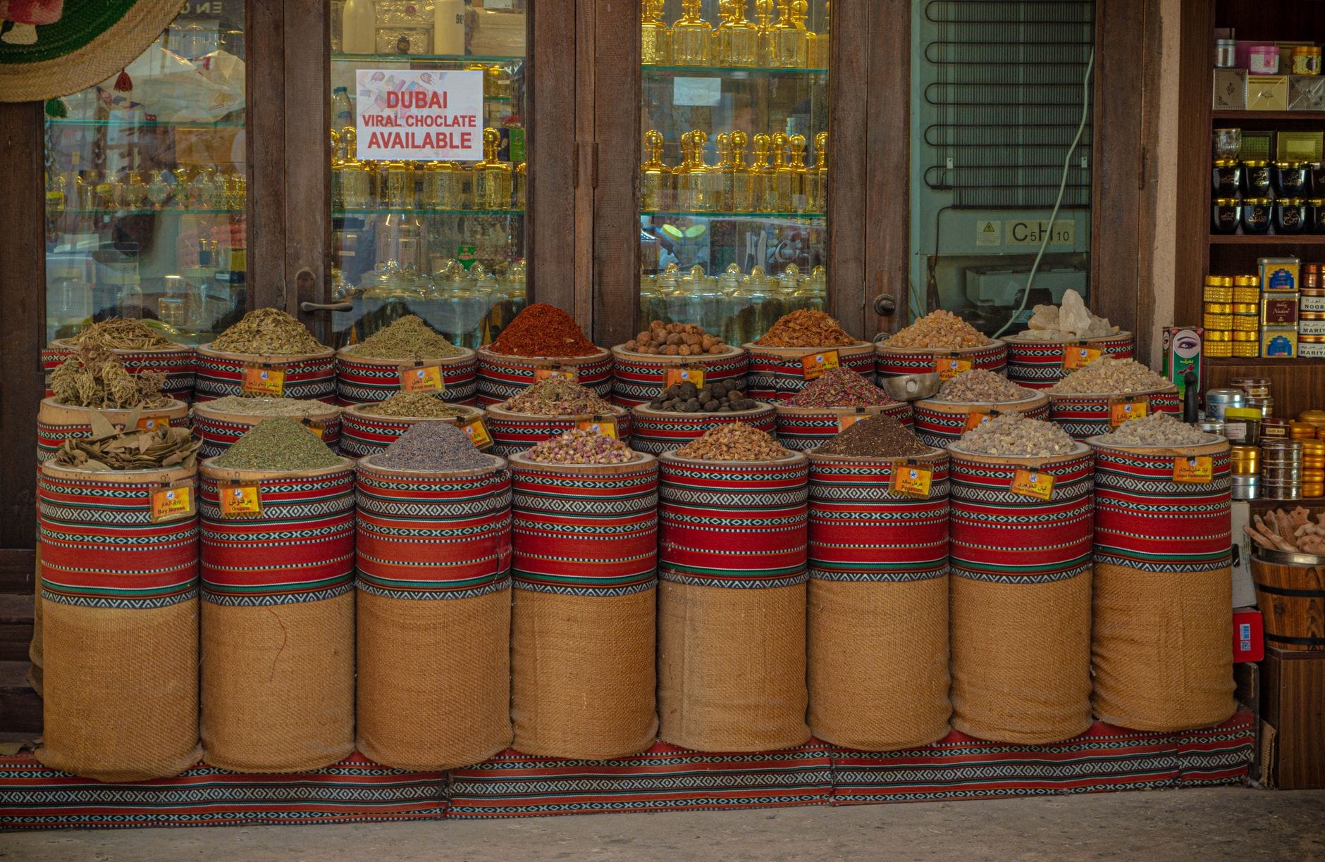 Sacks of spices on display in Dubai's Spice Souk