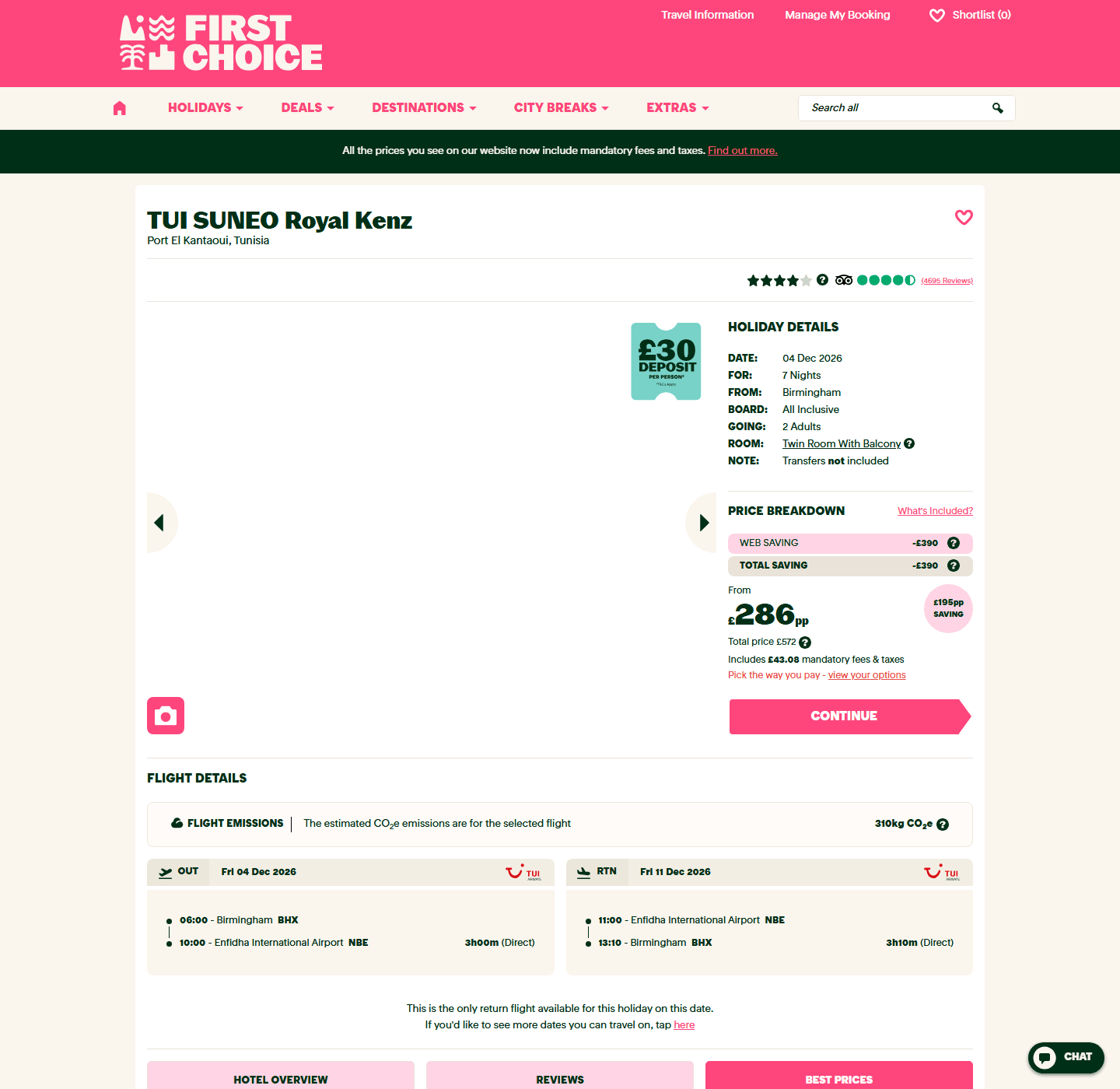 First Choice page for TUI SUNEO Royal Kenz showing the Tunisia package details and price