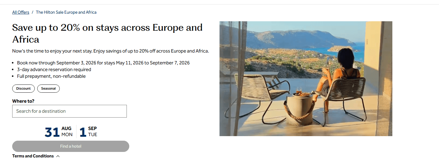Hilton sale page showing up to 20% off, the 3 September booking deadline and 7 September stay deadline