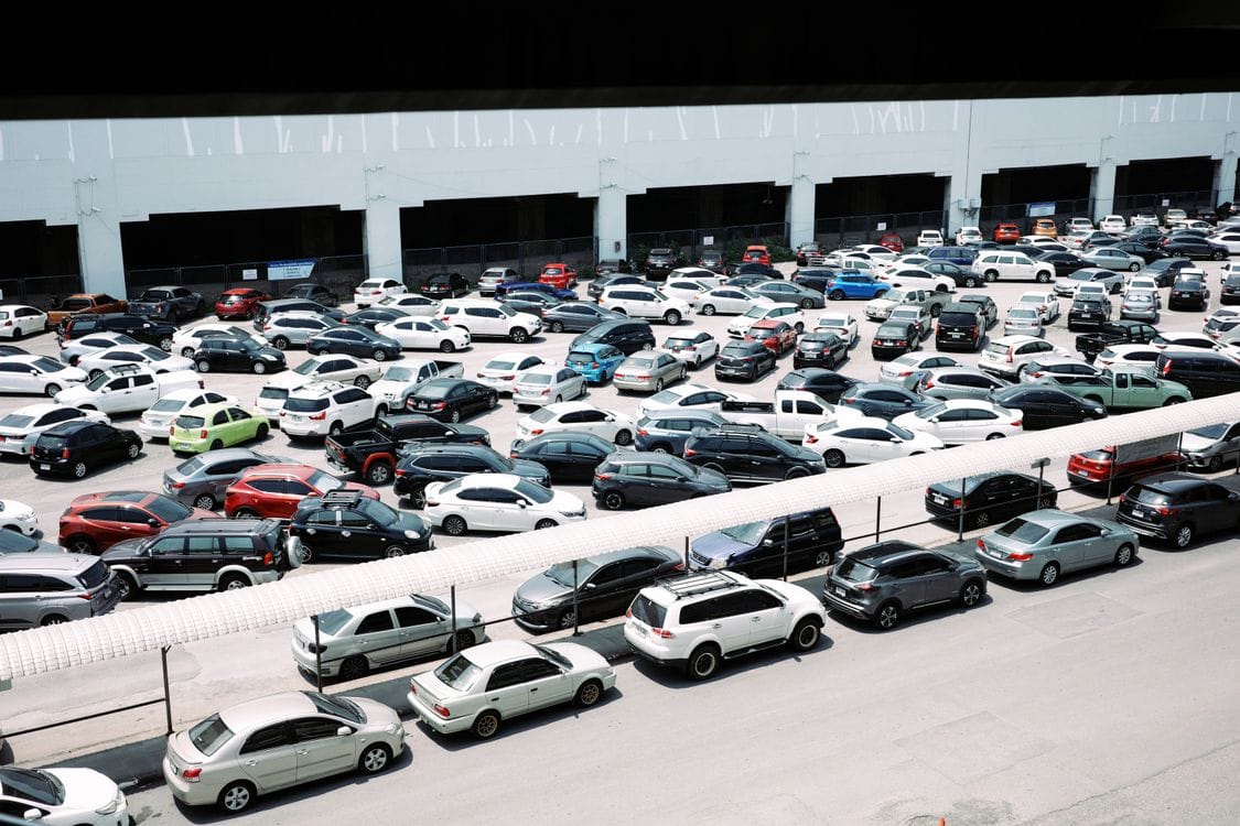 A crowded airport car park seen from above