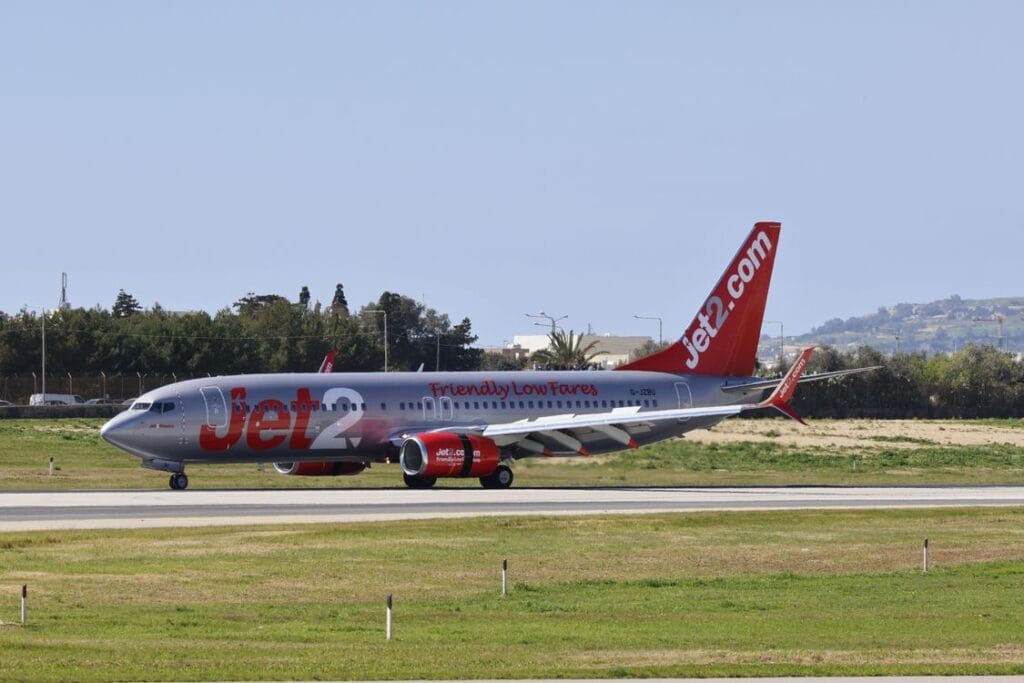 A Jet2 aircraft taxiing on the runway: Jet2 wifi does not exist on any aircraft in the fleet