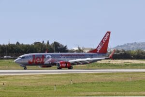 A Jet2 aircraft taxiing on the runway: Jet2 wifi does not exist on any aircraft in the fleet