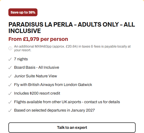 Kuoni offer card for Paradisus La Perla showing seven nights from £1,979 each