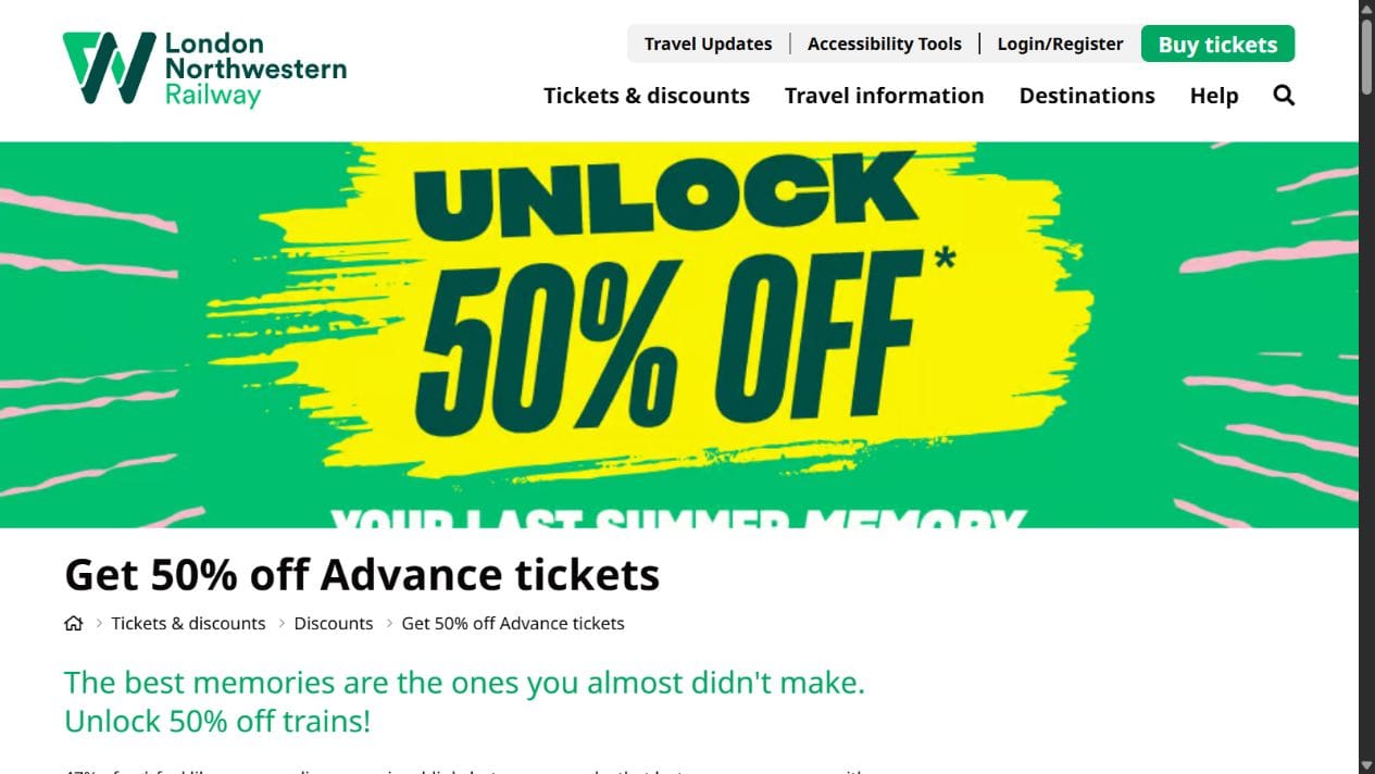 London Northwestern Railway 50% off Advance tickets offer page checked on 10 August