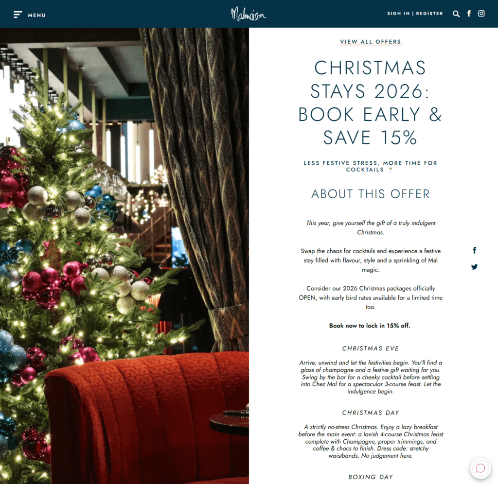 Malmaison Christmas Stays 2026 promotion showing a decorated hotel interior and 15% early-booking saving