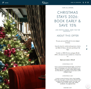 Malmaison Christmas Stays 2026 promotion showing a decorated hotel interior and 15% early-booking saving