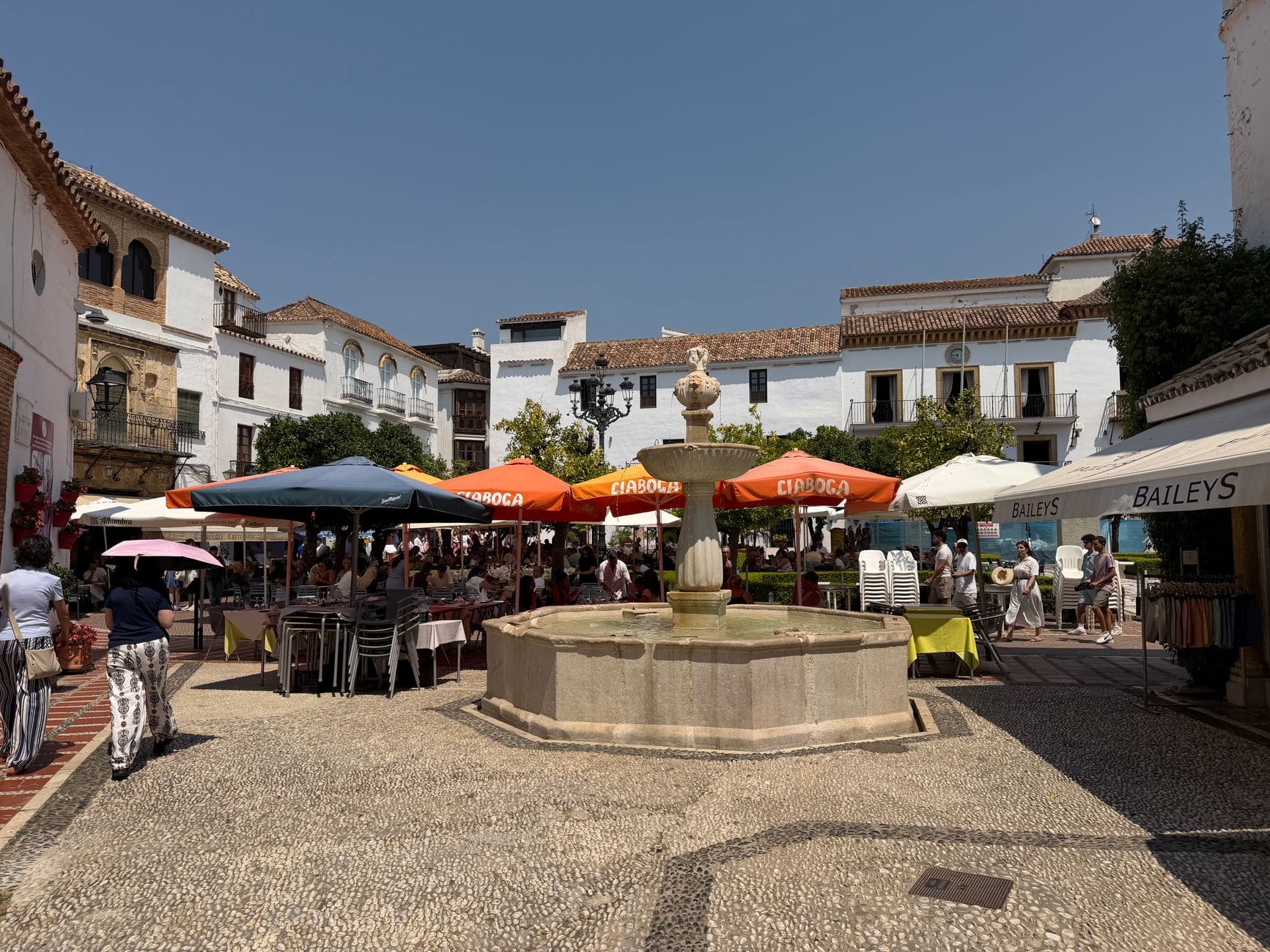 Plaza de los Naranjos, Marbella Old Town, cafes around a central fountain