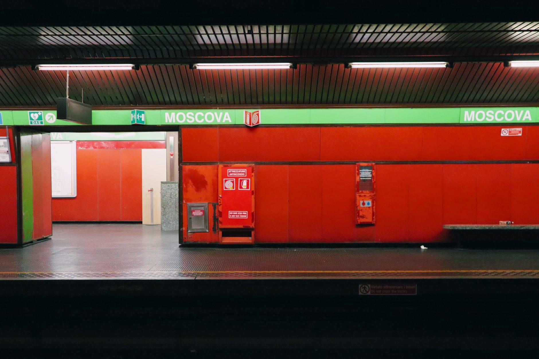 The red platform of Moscova metro station in Milan