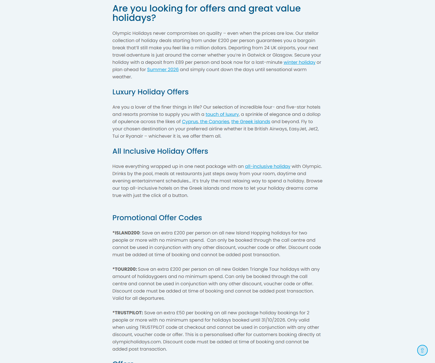 Olympic Holidays page showing the ISLAND200 promotional offer code