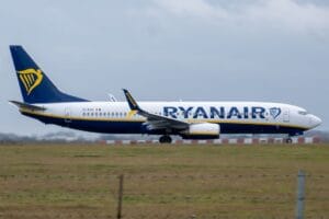 A Ryanair Boeing 737 taxiing on the runway: your Ryanair baggage allowance depends entirely on what you add to the booking