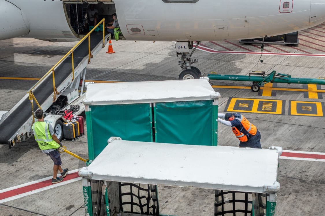 Ground crew loading suitcases into the hold of an aircraft from baggage carts on the apron