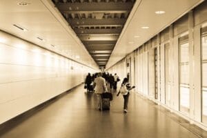 Ryanair missed flight: travellers pulling wheeled suitcases along a brightly lit airport terminal corridor