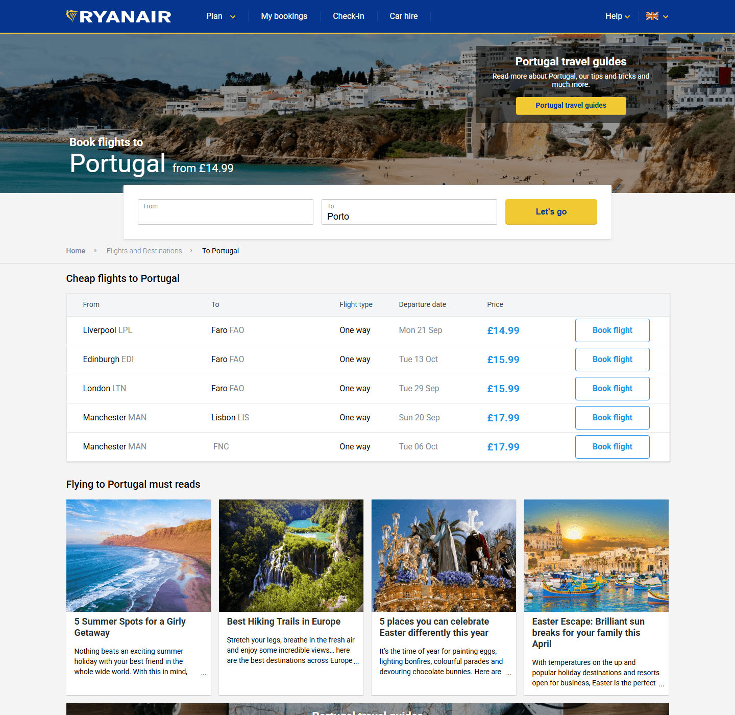 Ryanair Portugal flights page checked on 3 August