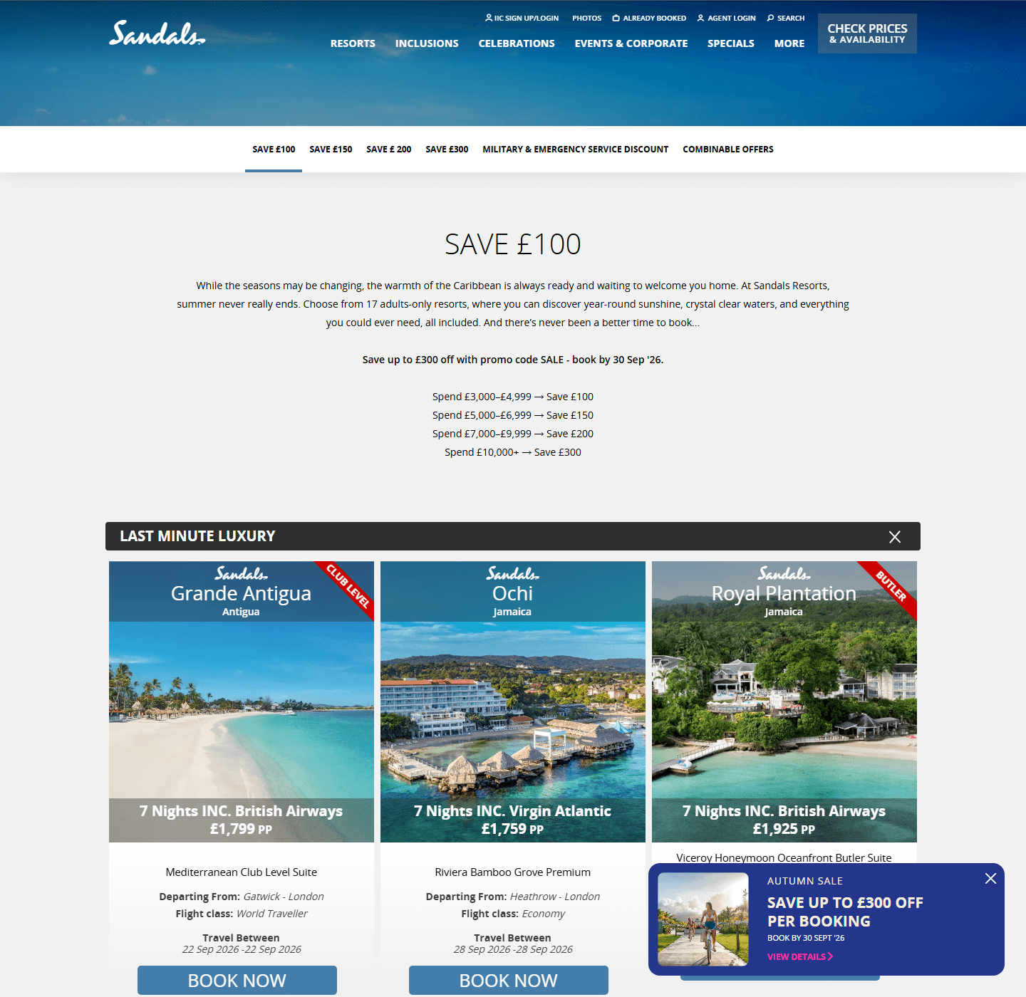 Sandals autumn sale details showing code SALE and savings of up to £300