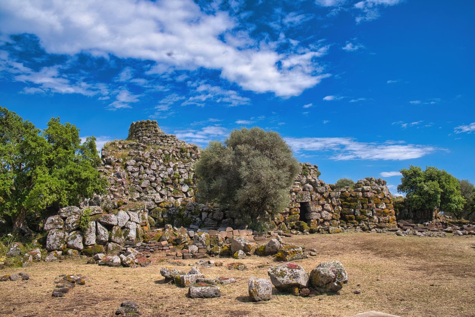 The dry-stone walls and central tower of a Sardinian nuraghe standing in dry grass under a bright blue sky
